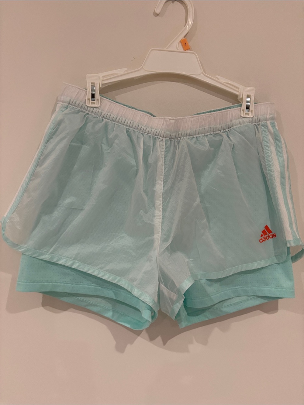 adidas Women's Aqua Layered Athletic Shorts with Red Logo